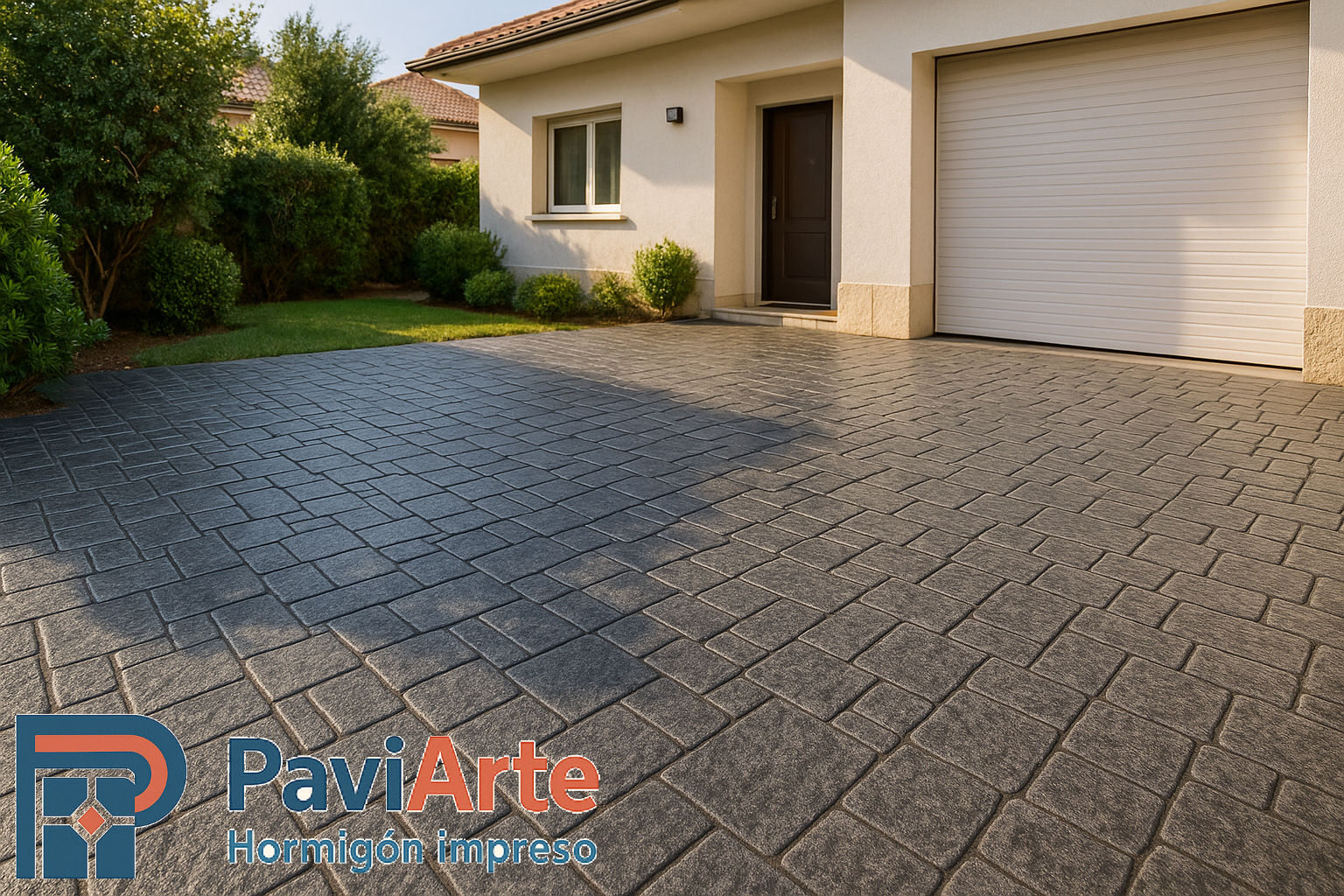 Hormigón impreso en Burgos con acabado adoquín romano gris grafito en patio residencial.
