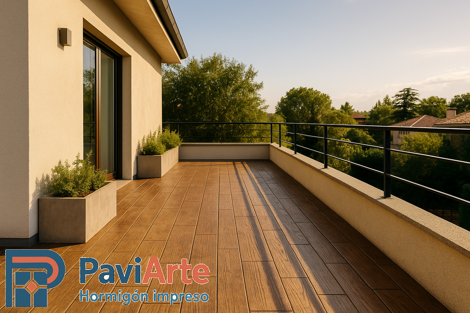 Terraza efecto madera de hormigón impreso en Jaca, tono nogal