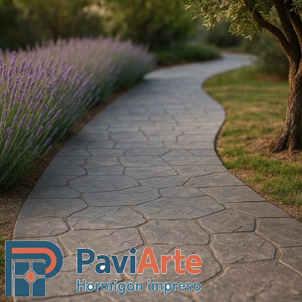 Camino de jardín en Jaca con hormigón impreso piedra irregular