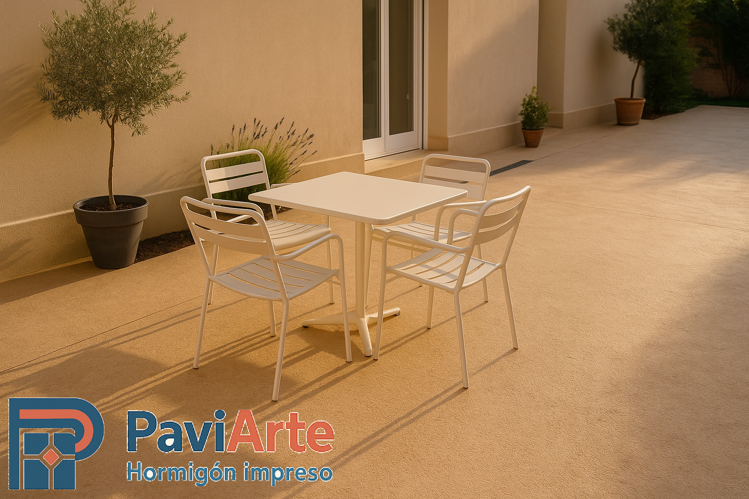 Patio en Jaca con hormigón impreso color árido tostado