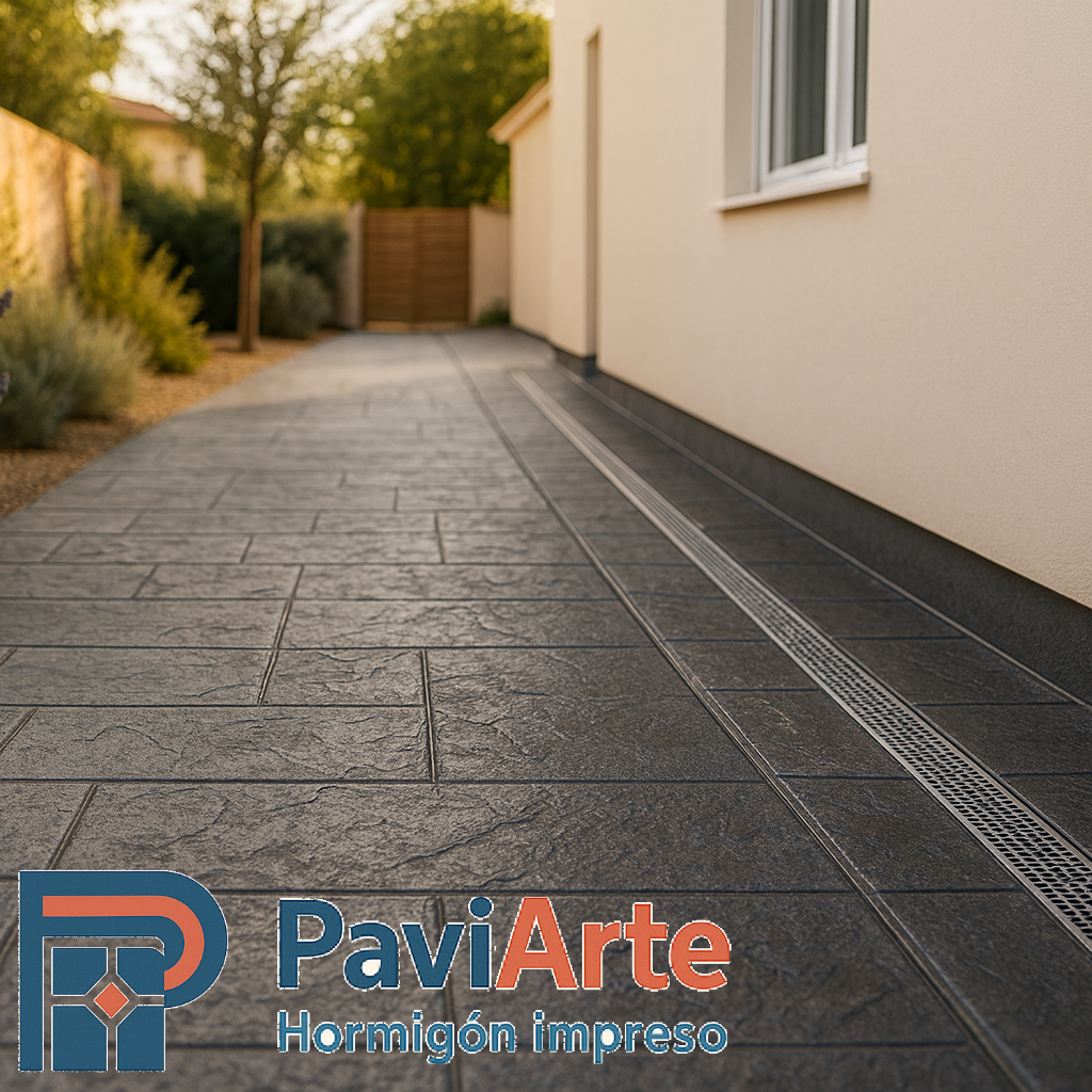 Paso lateral en Burgos con pizarra y canaleta continua junto al muro