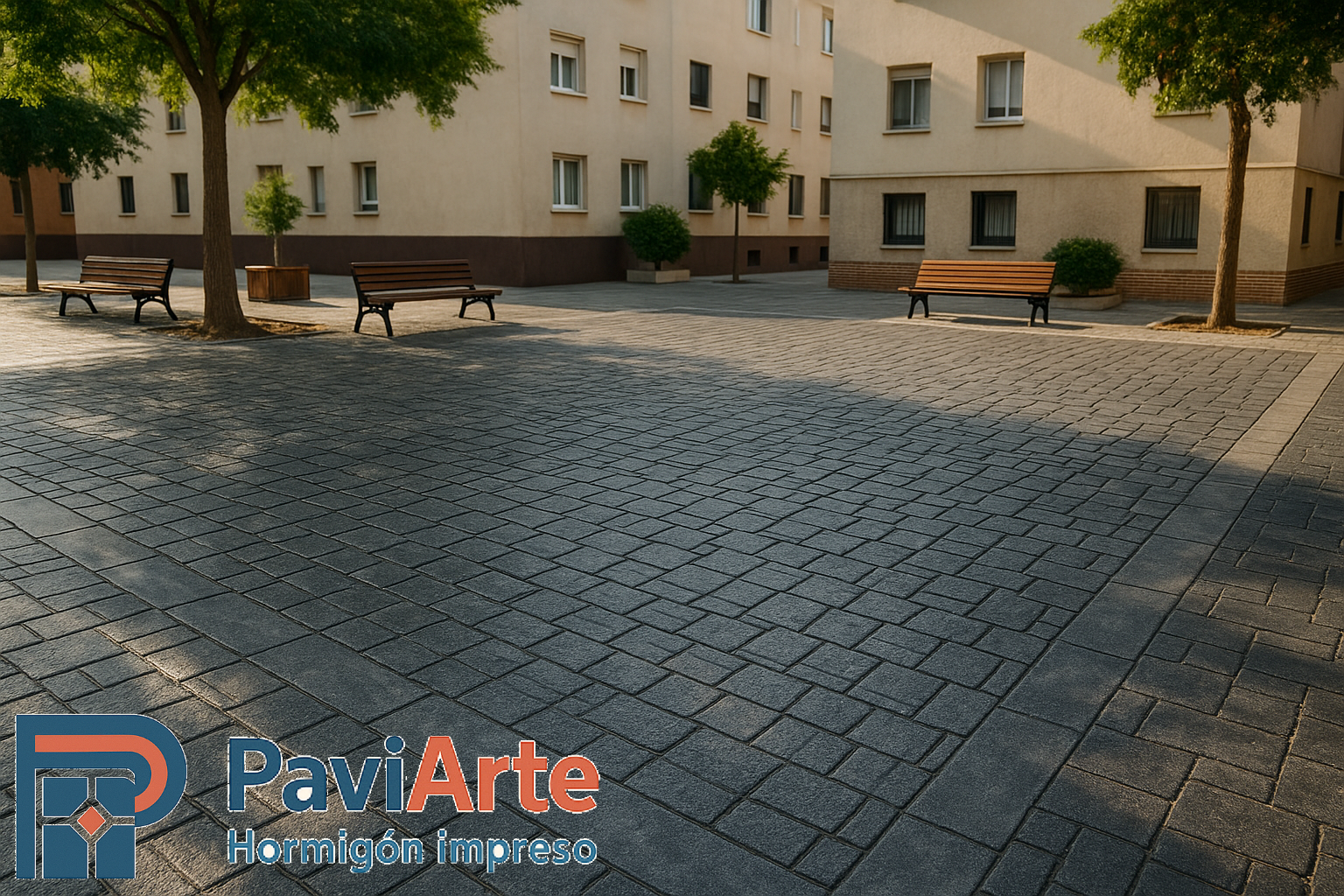 Explanada peatonal en Burgos con adoquín romano gris y patrón alterno