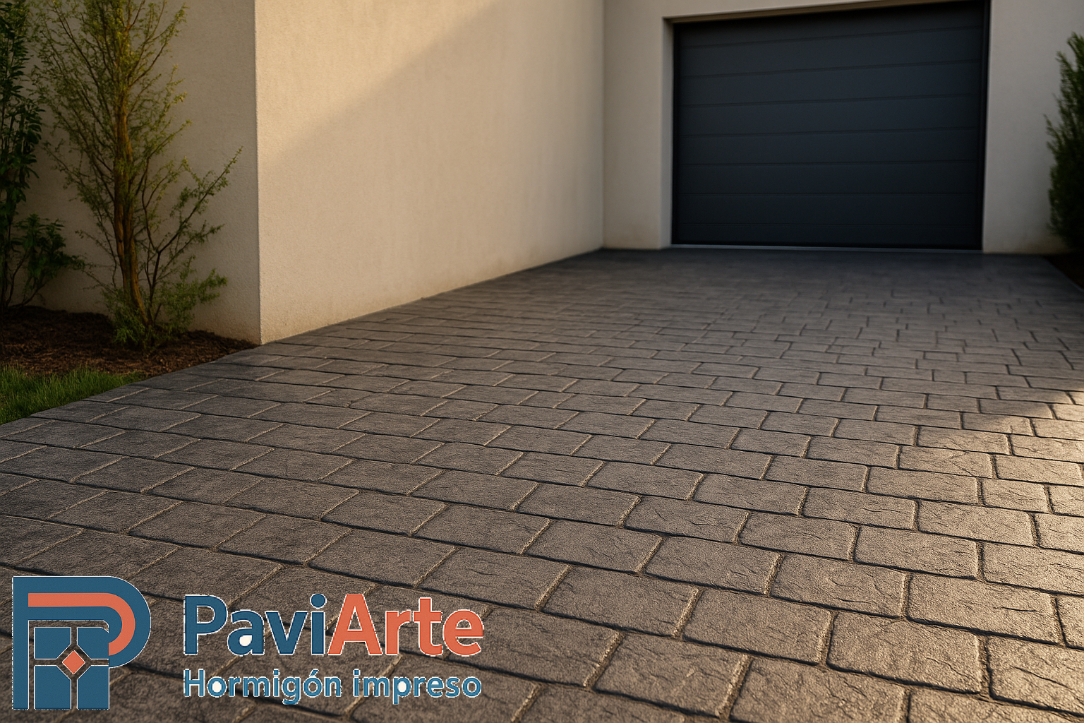 Hormigón impreso en Madrid: acceso residencial con adoquín grafito