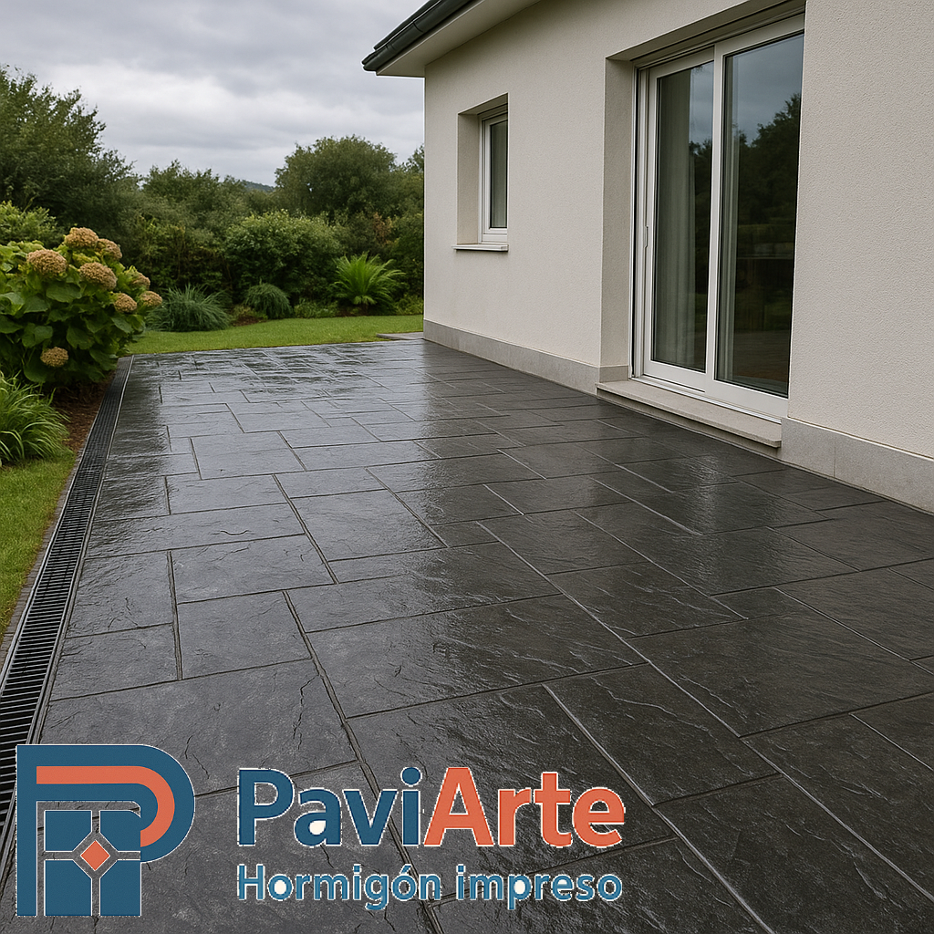 Patio de hormigón impreso en Santander con piedra pizarra antracita, pendiente hacia drenaje lineal oculto