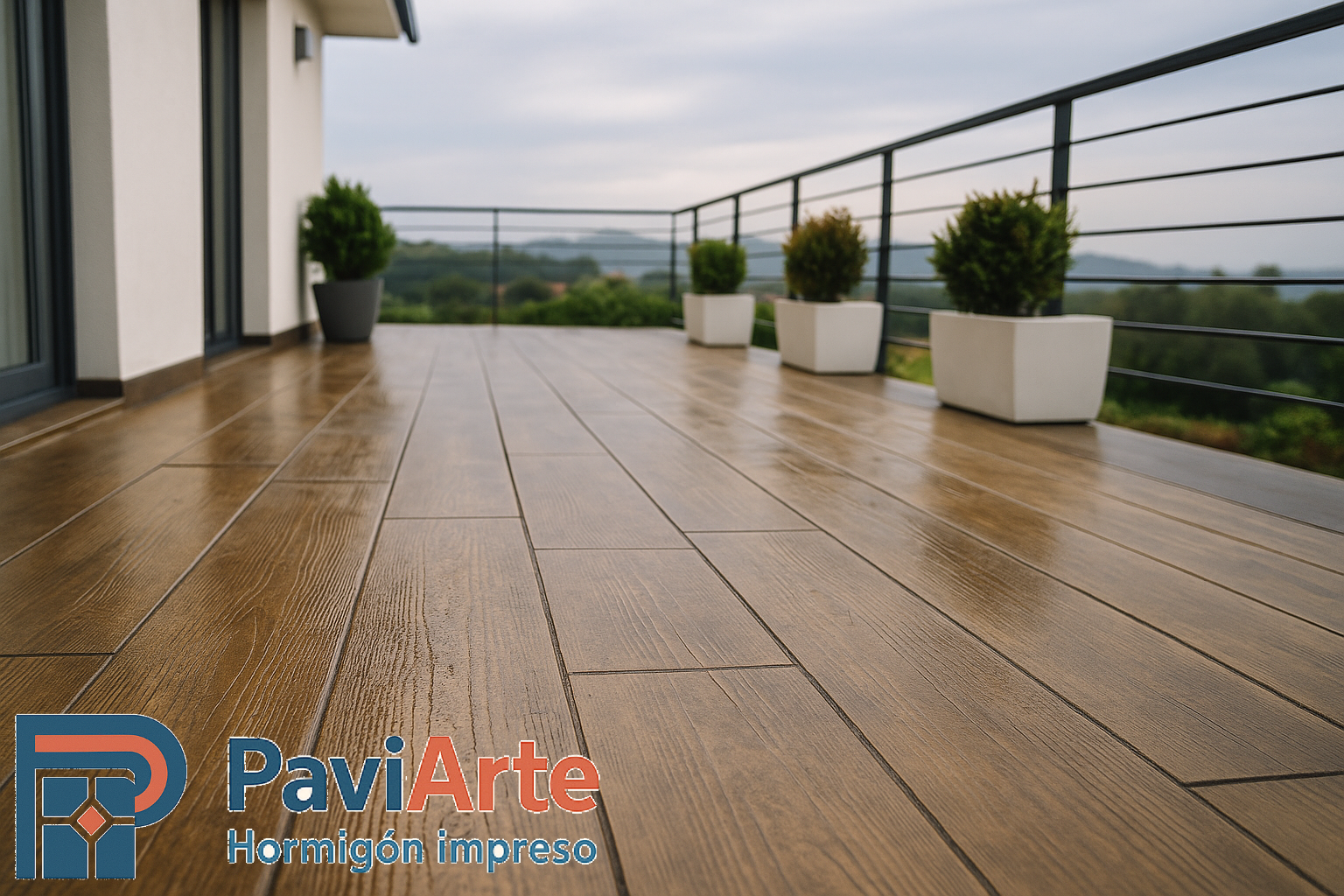 Terraza efecto madera de hormigón impreso en Santander, molde tablón tono nogal lavado y barandilla minimalista