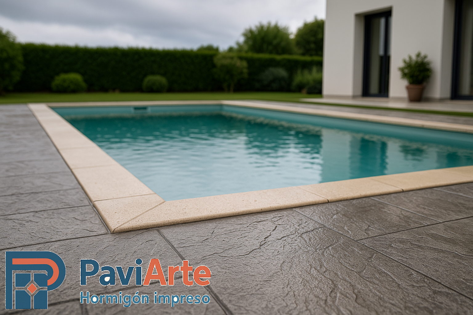 Perímetro de piscina en Santander con hormigón impreso piedra pizarra gris claro y alto agarre, coping crema