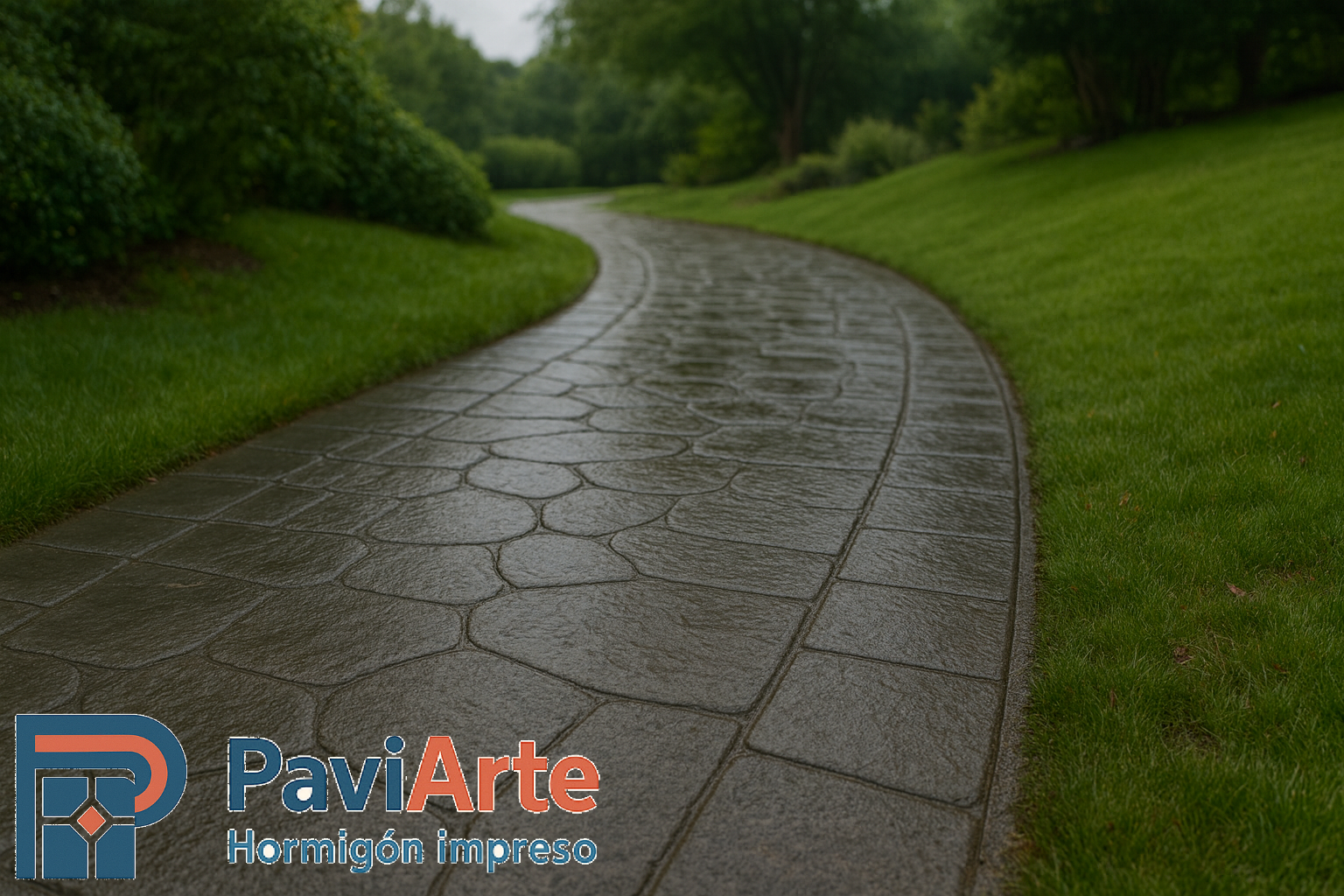 Camino de jardín en Lugo con hormigón impreso piedra y drenaje oculto