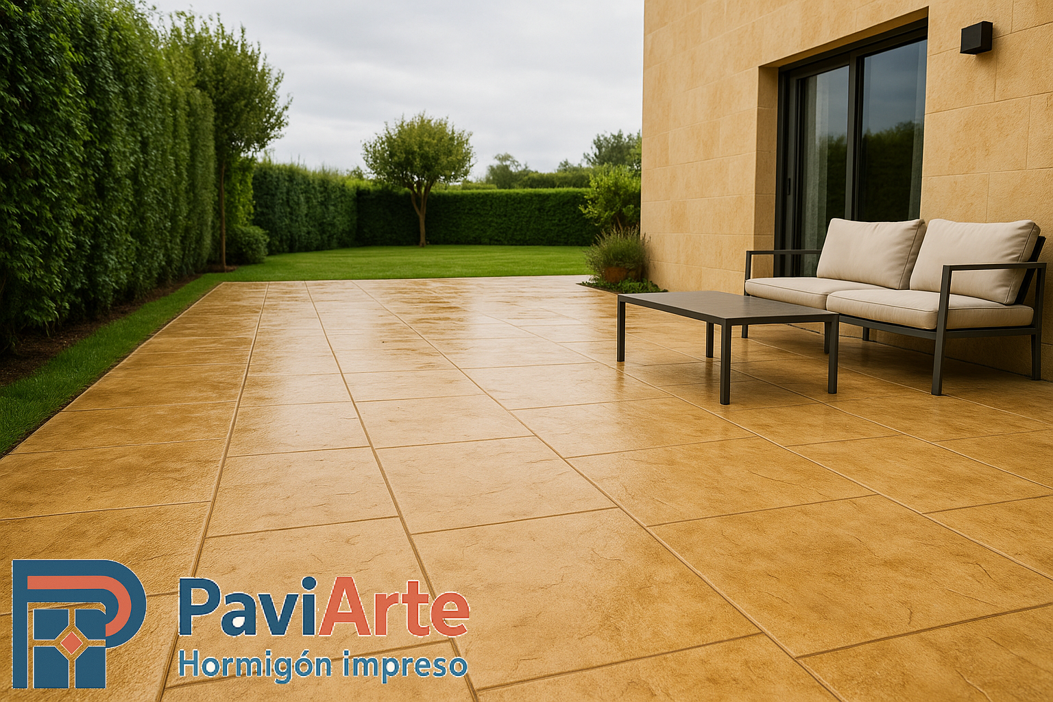 Patio en Lugo con hormigón impreso color árido tostado