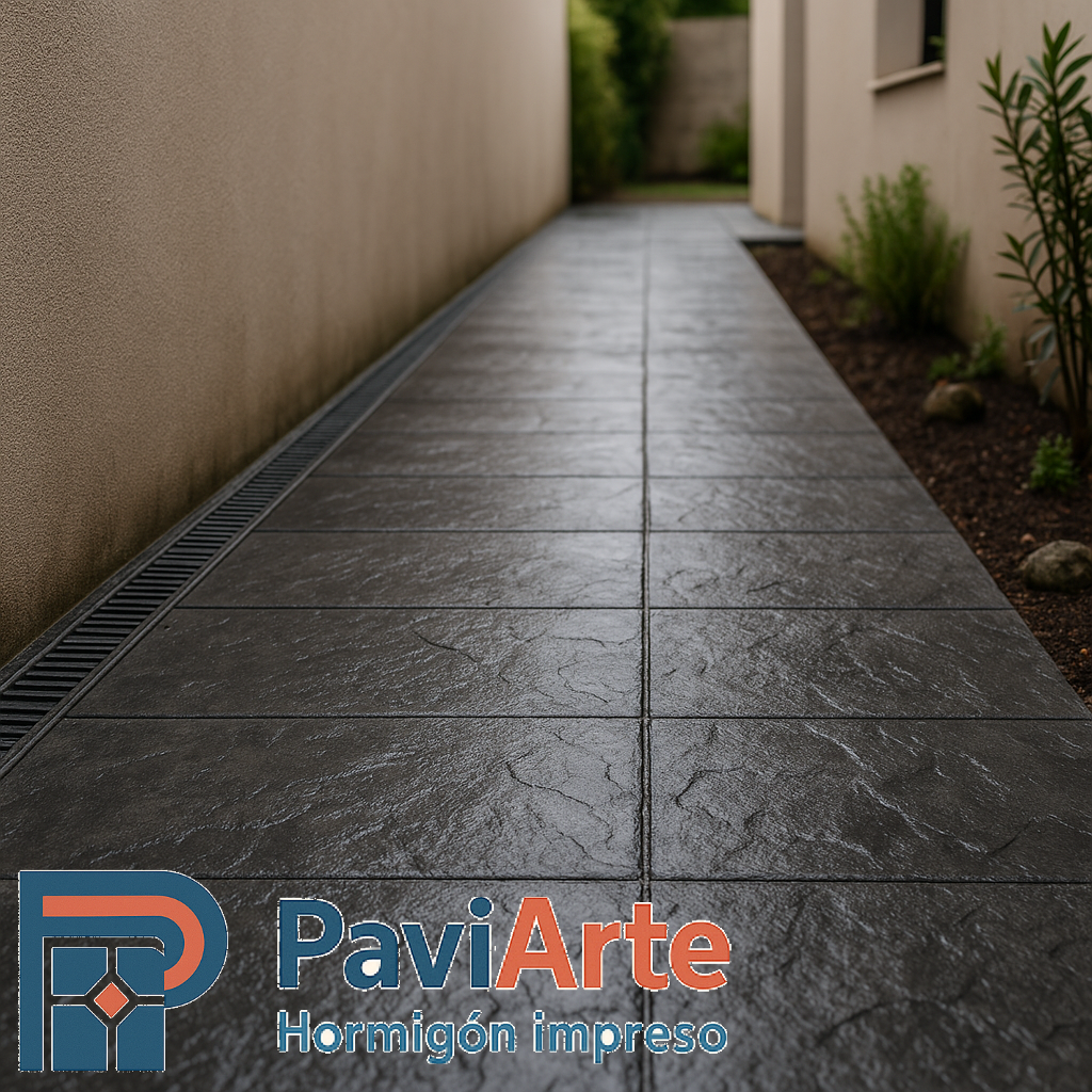 Paso lateral de vivienda en Santander con hormigón impreso piedra pizarra, juntas de dilatación cada 4–5 m y canaleta continua