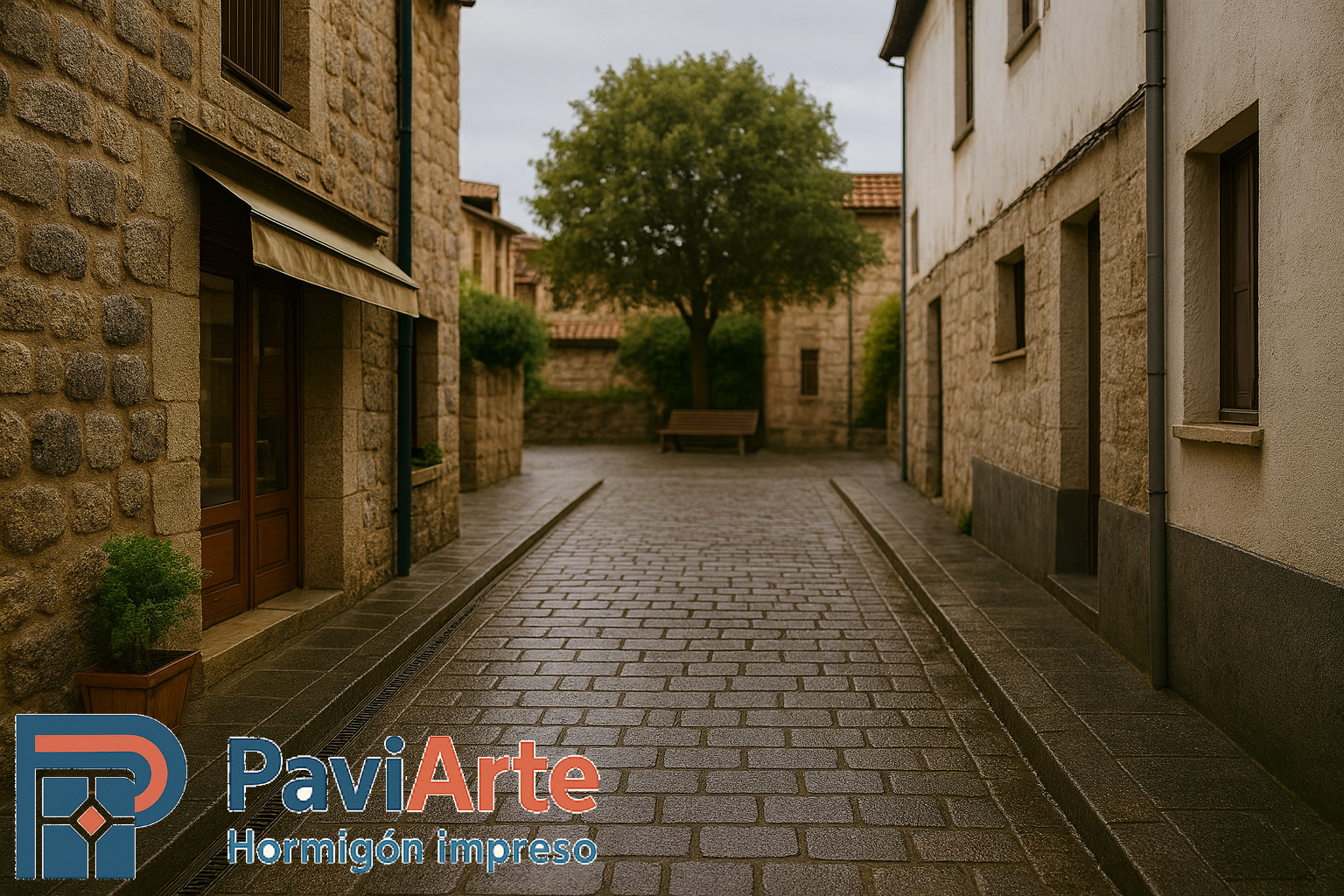 Pequeña explanada peatonal en Santander con adoquín romano gris y patrón alterno, sin personas