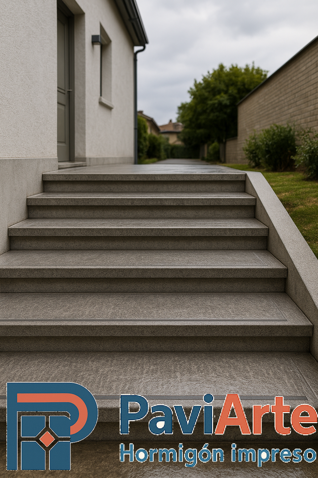 Escalones exteriores en Santander con tabica lisa y huella texturizada antideslizante, canto vivo y banda sutil
