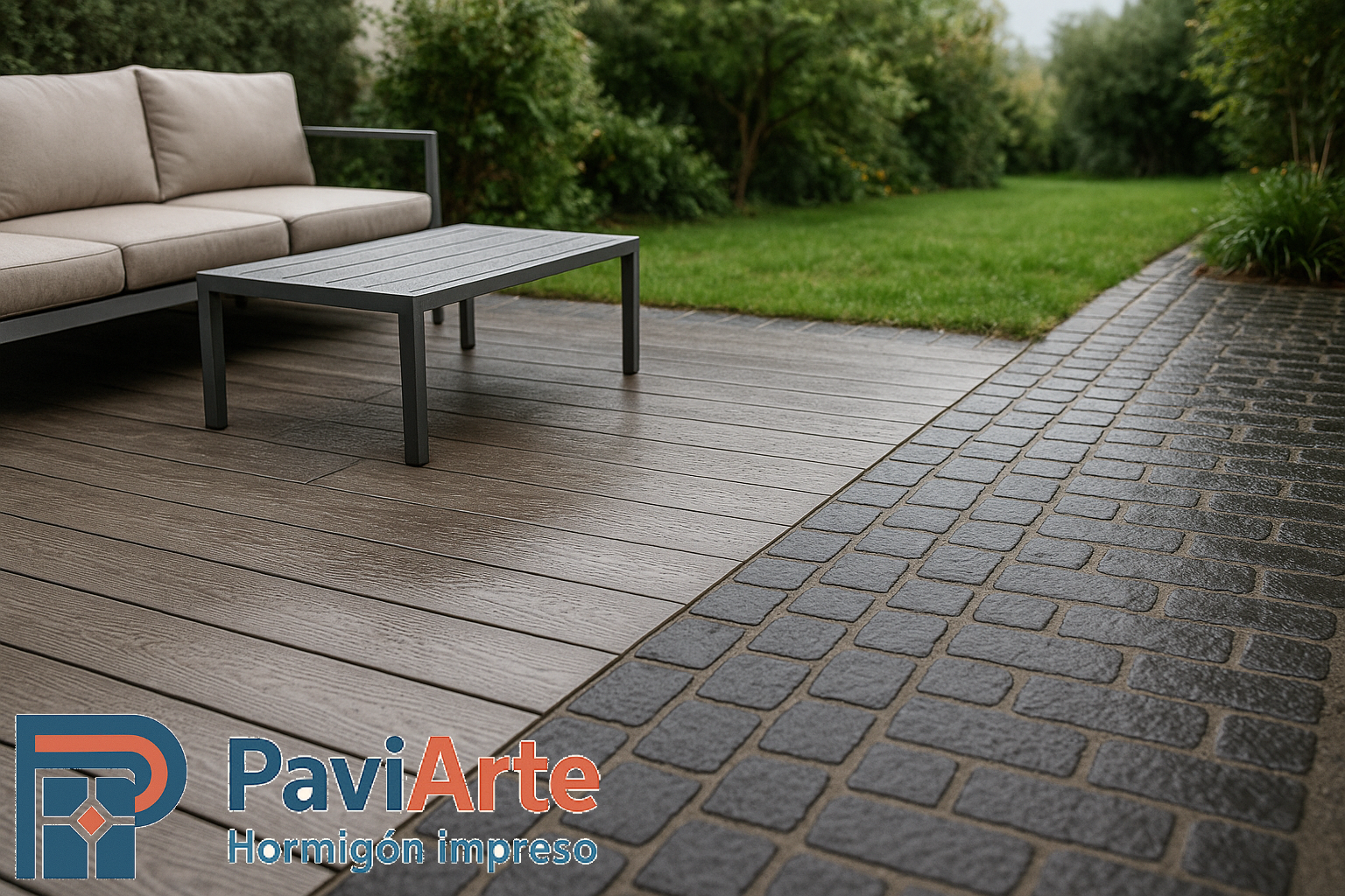 Terraza mixta en Santander con hormigón impreso madera gris lavado y franja de adoquín de transición hacia jardín húmedo
