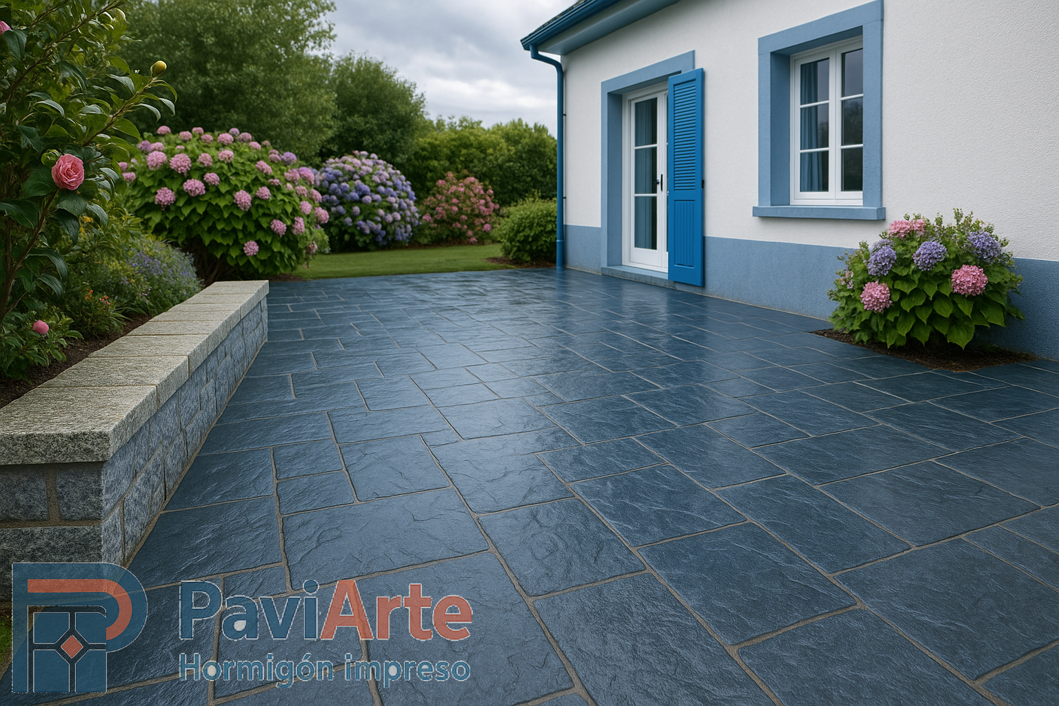 Hormigón impreso en Lugo con piedra pizarra antideslizante y detalles graníticos