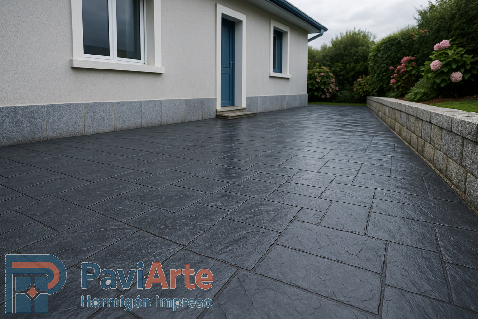 Patio de hormigón impreso piedra pizarra en Lugo con drenaje lineal oculto
