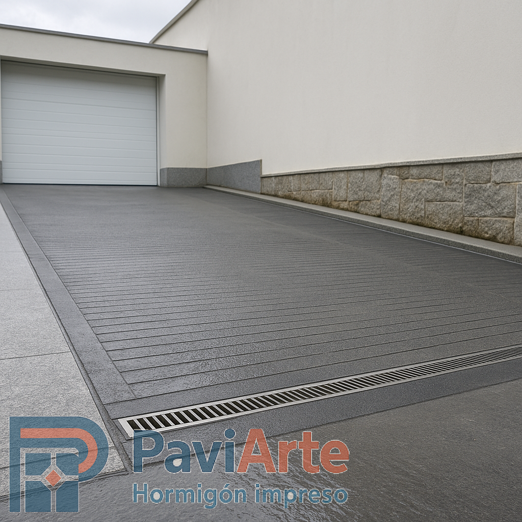 Rampa de garaje estriada en Vigo con rejilla frontal de acero inoxidable y bordillo de remate, pavimento ligeramente húmedo