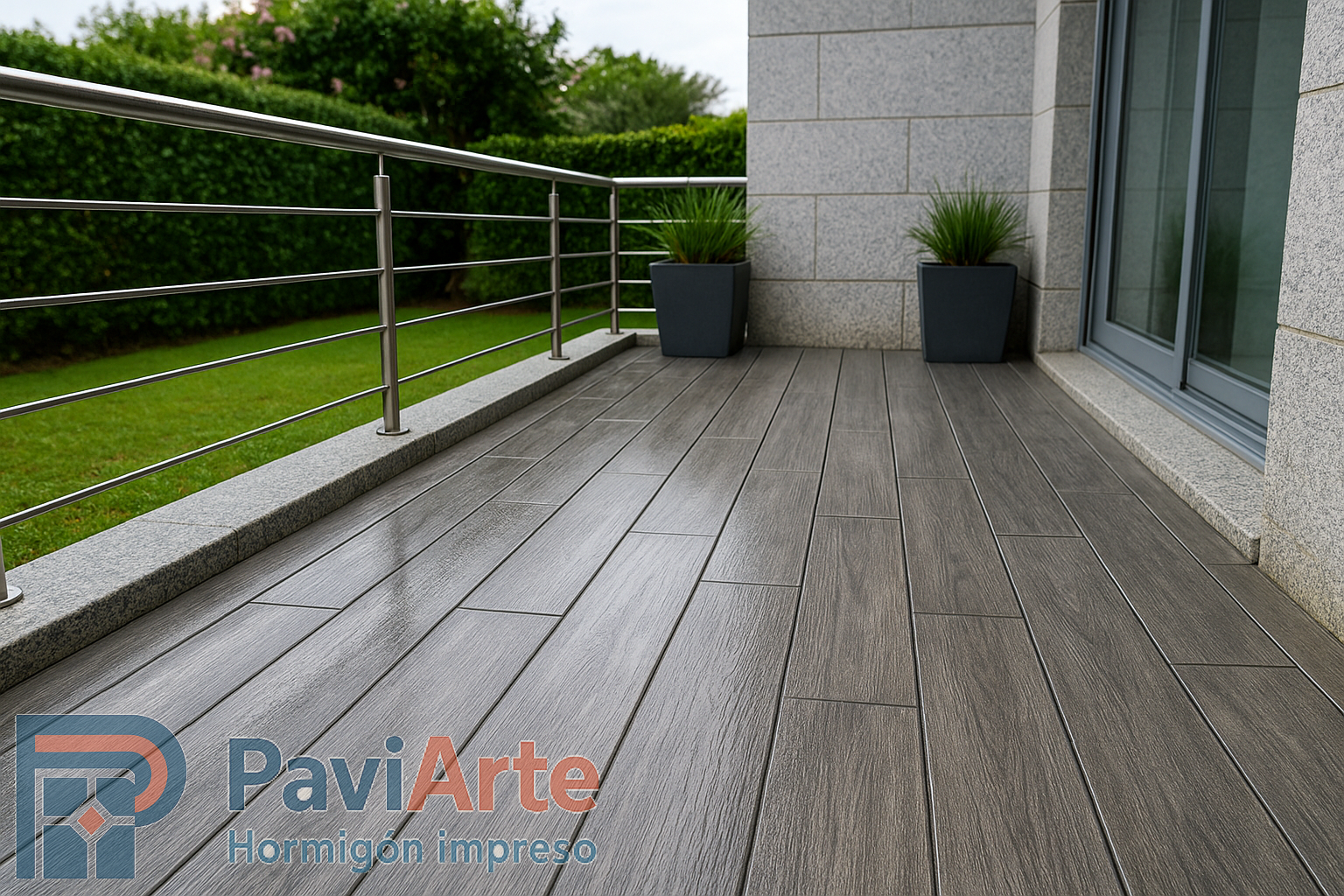 Terraza efecto madera gris lavado de hormigón impreso en Lugo