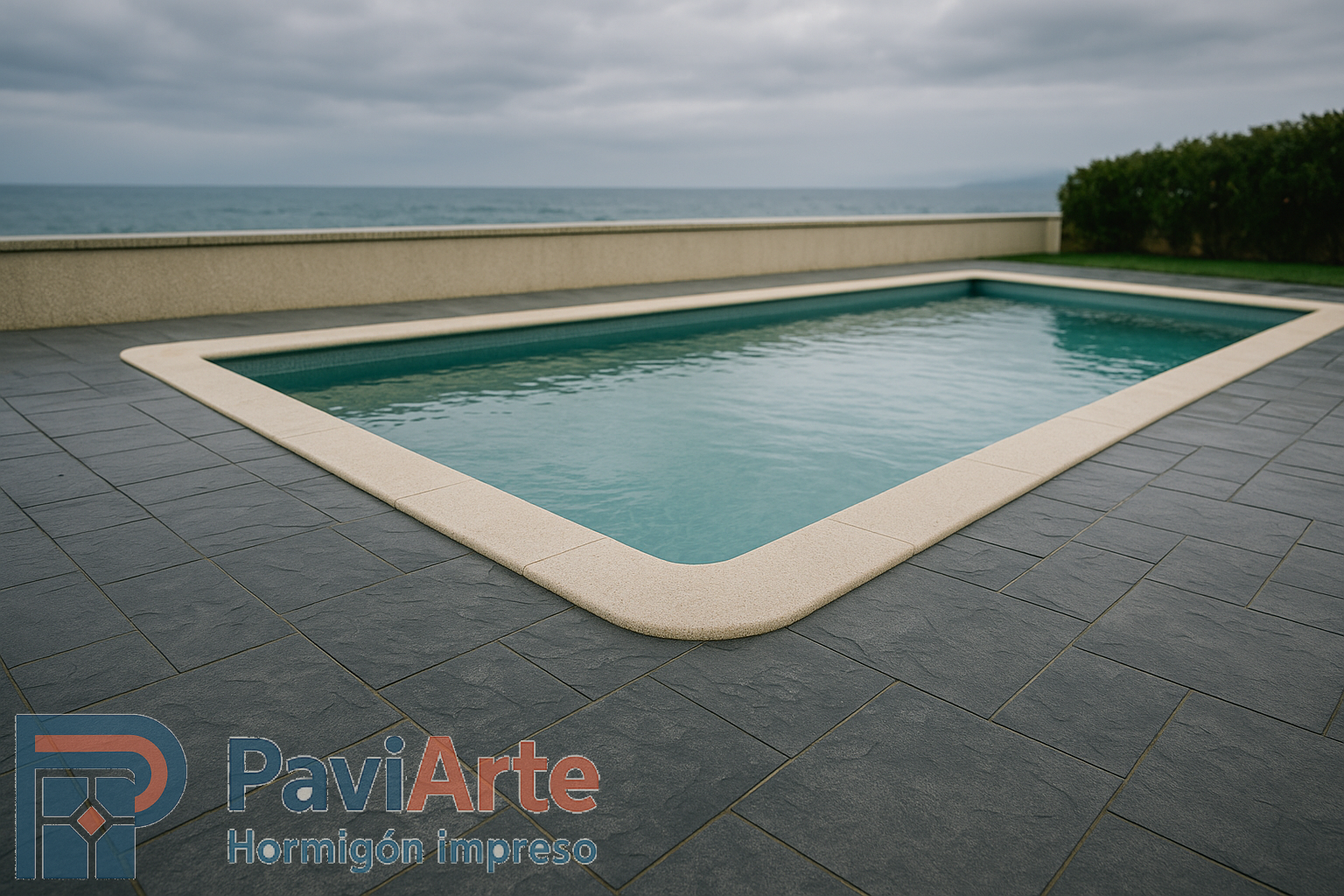 Perímetro de piscina en Lugo con piedra pizarra antideslizante