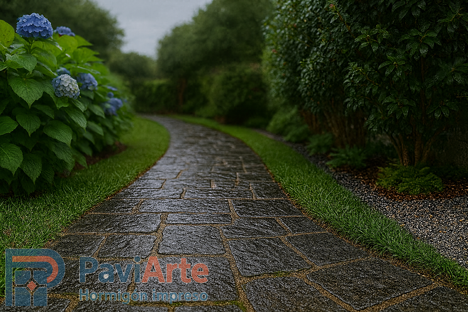Camino de jardín en Vigo con hormigón impreso piedra irregular entre césped y plantas atlánticas, drenajes puntuales ocultos