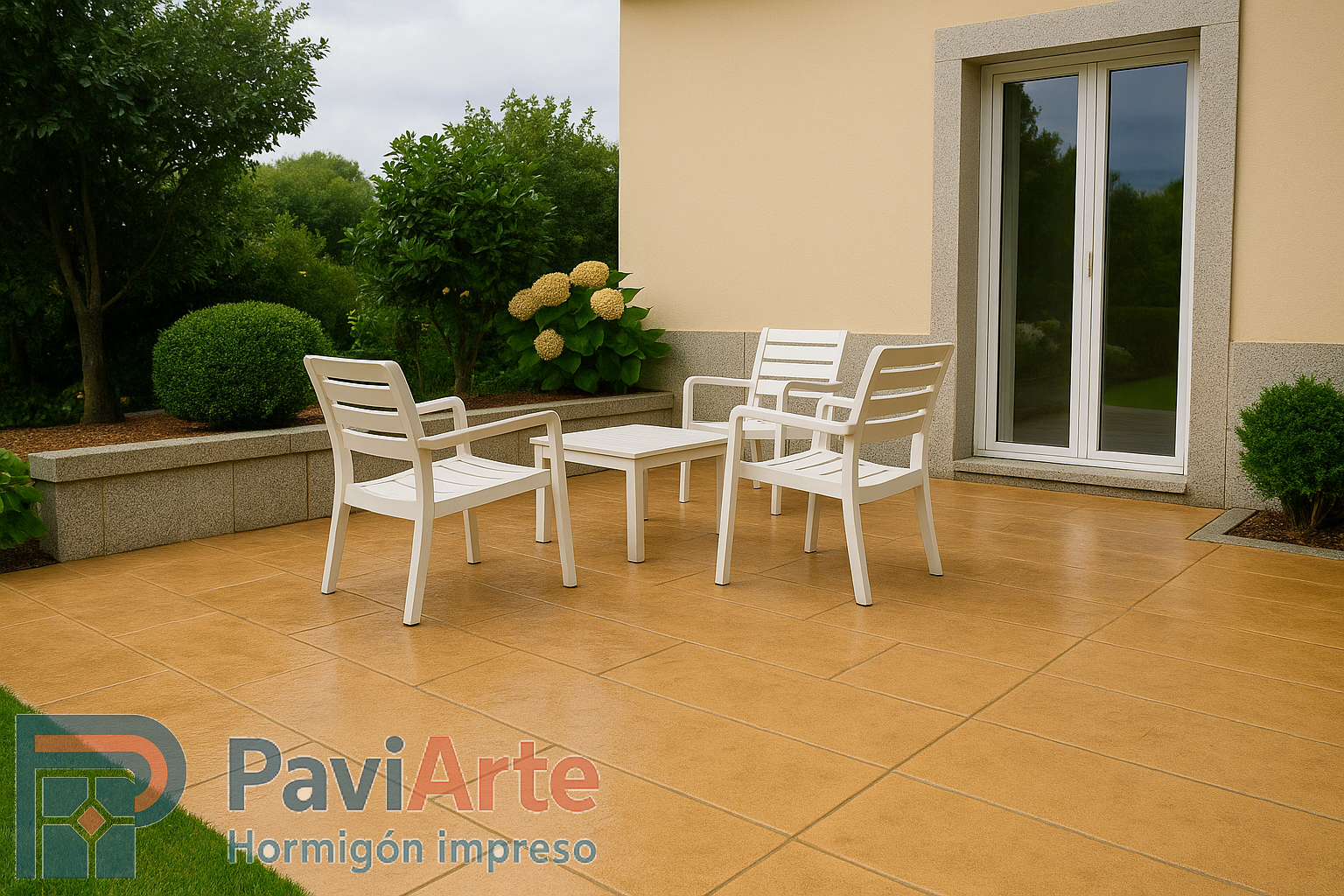 Patio en Vigo con hormigón impreso color árido tostado, microtextura fina y mobiliario exterior claro, sellado al agua