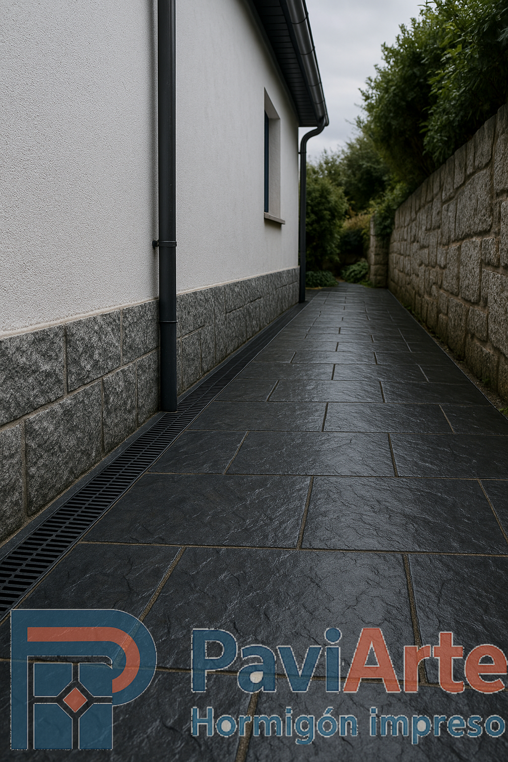 Paso lateral en Lugo con pizarra, canaleta continua y juntas de dilatación