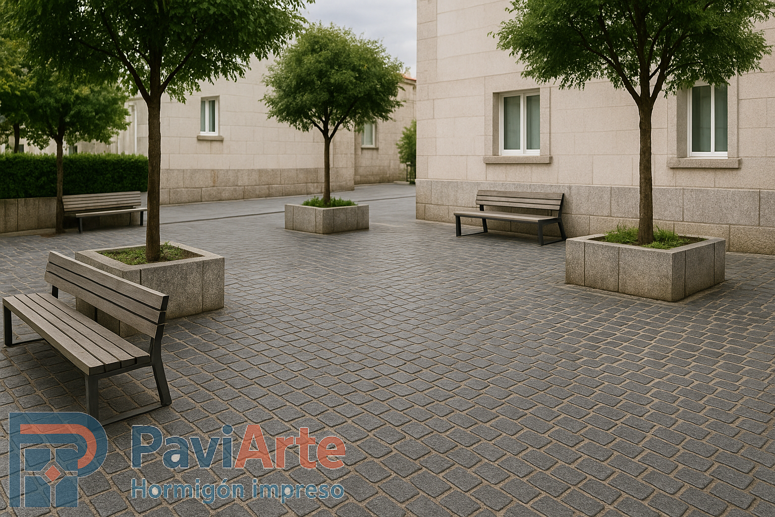 Explanada con adoquín romano en Lugo, patrón alterno y mobiliario urbano