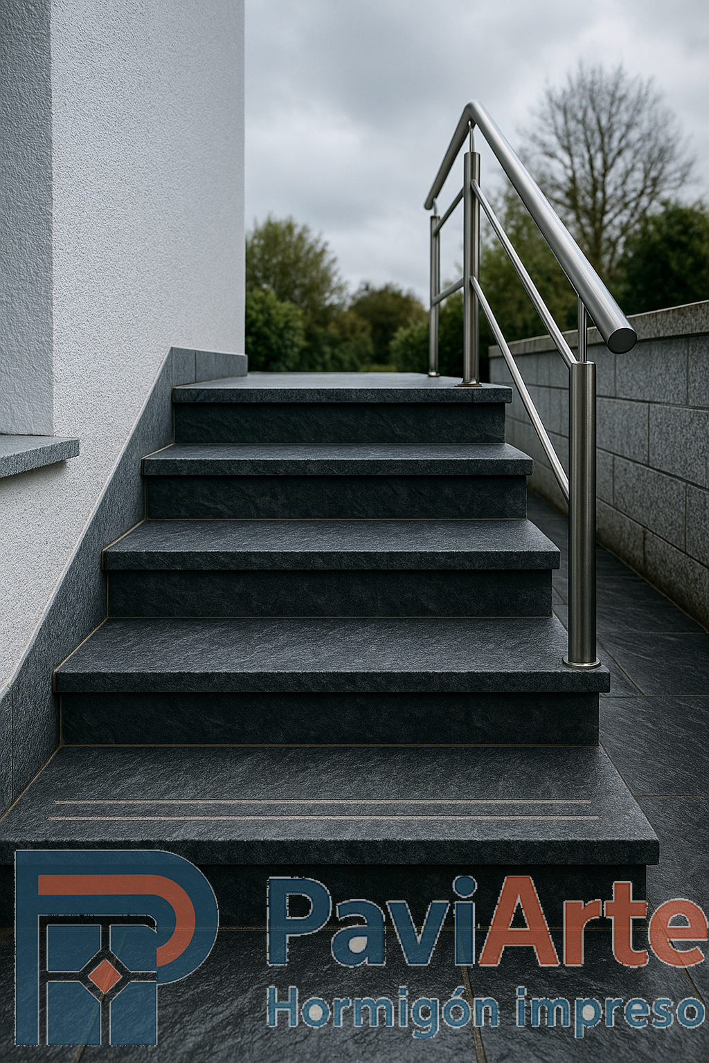 Escalones exteriores antideslizantes de hormigón impreso en Lugo